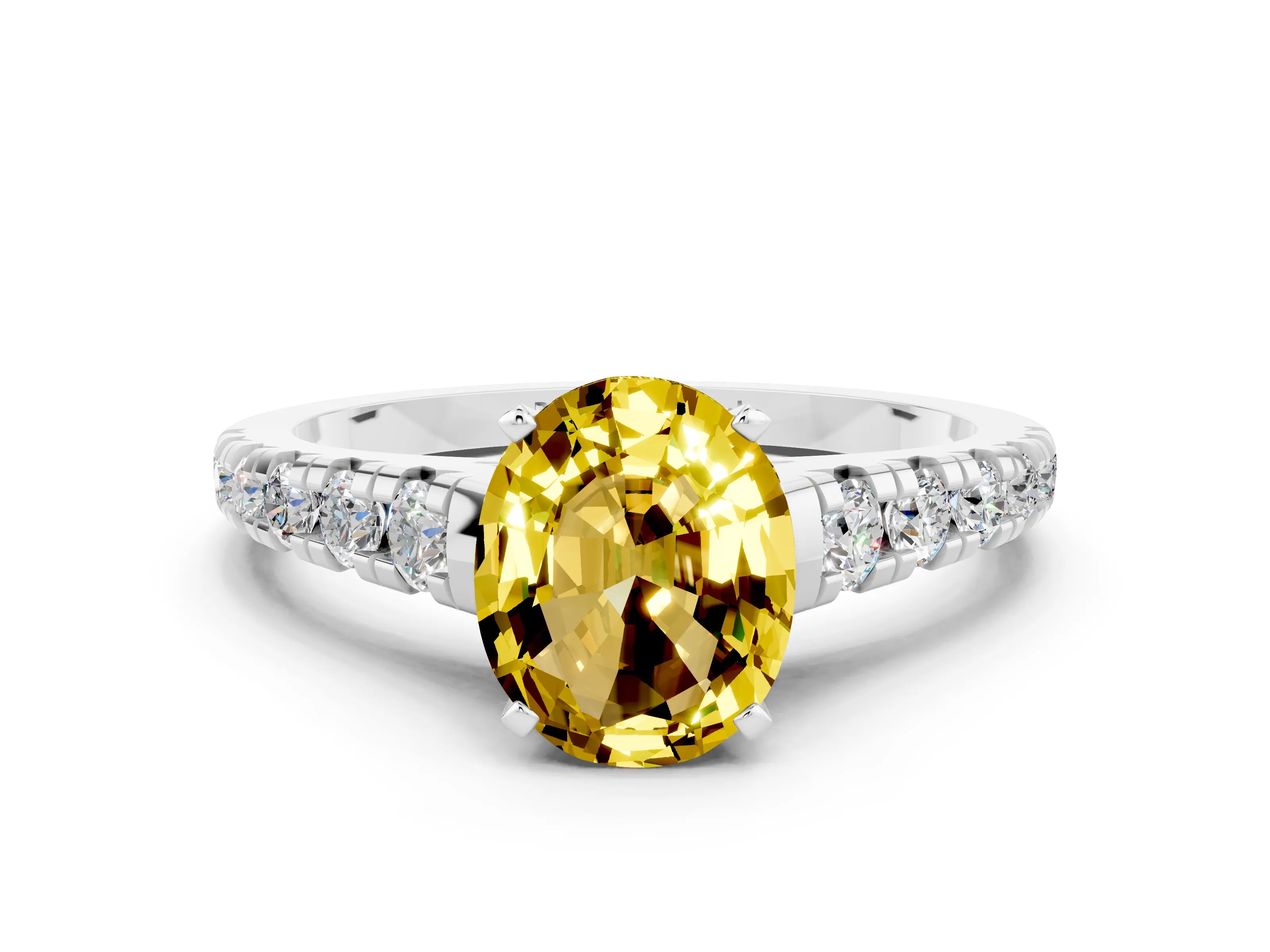White gold Oval Cut Yellow Sapphire Solitaire Ring with Cathedral Setting and Pavé Band_24