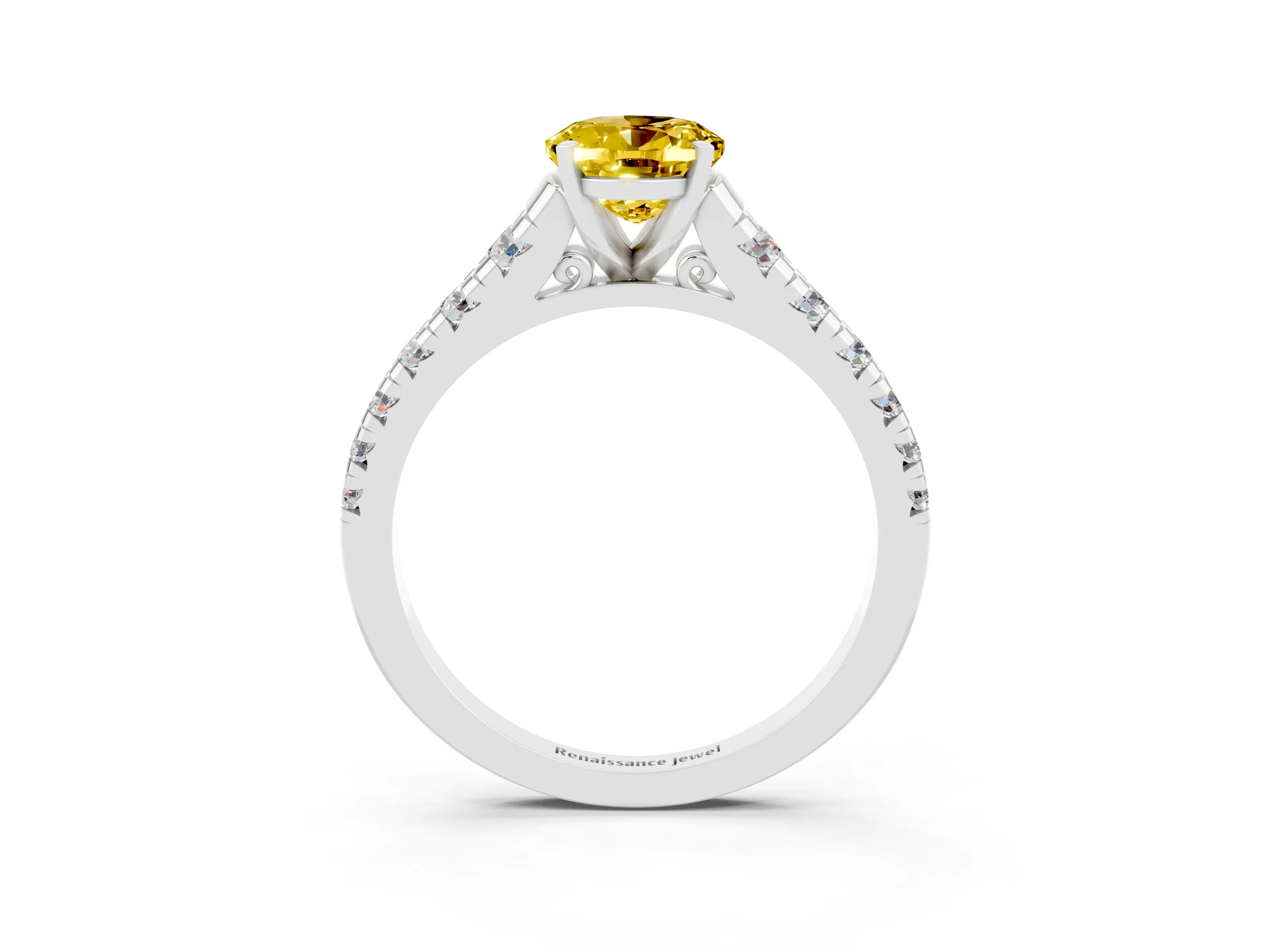 White gold Oval Cut Yellow Sapphire Solitaire Ring with Cathedral Setting and Pavé Band_27