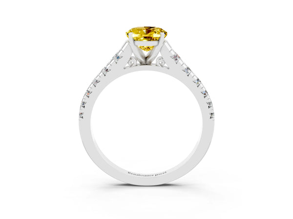 Platinum Oval Cut Yellow Sapphire Cathedral Solitaire Ring with Round  Pavé Band