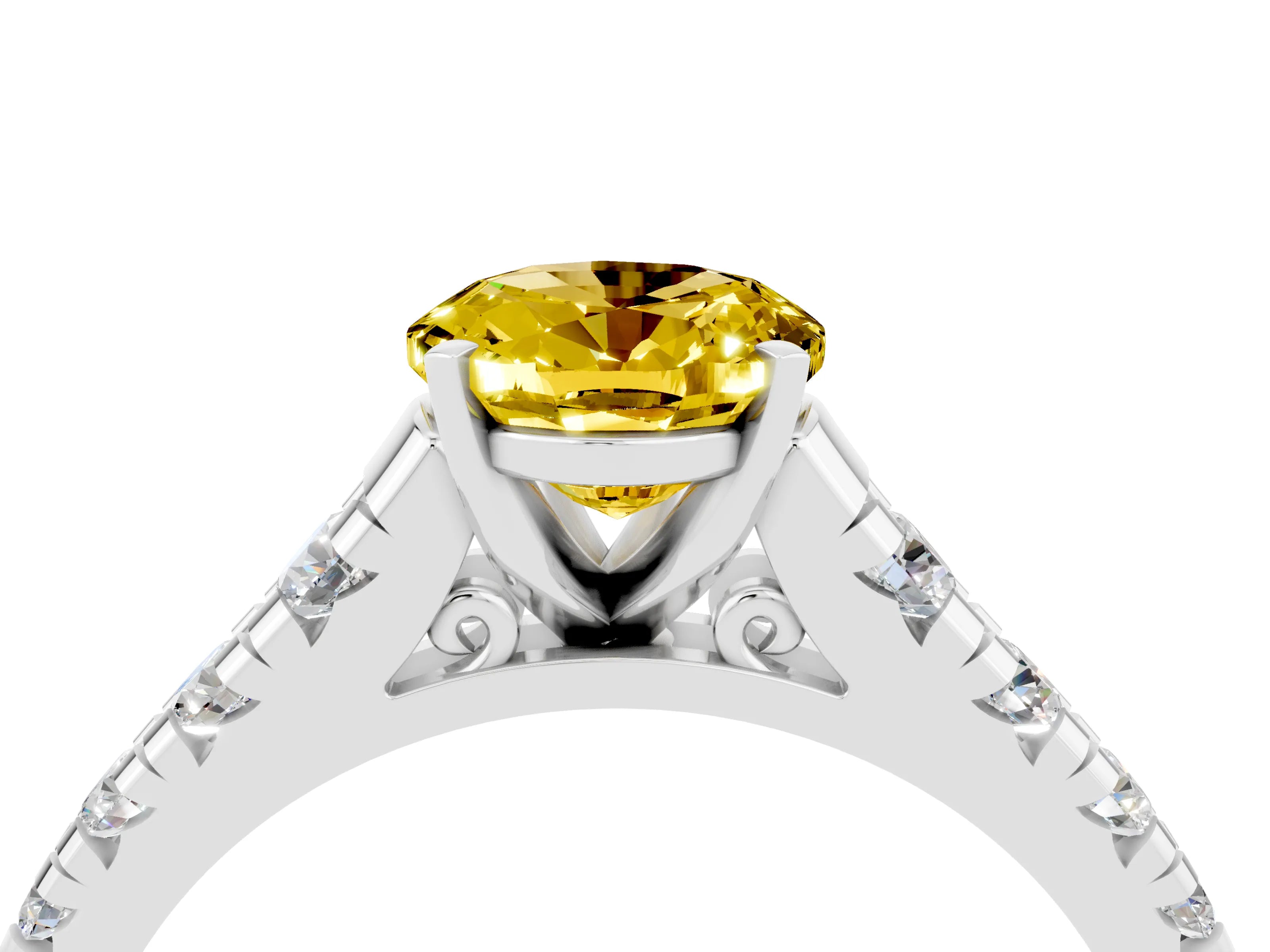 White gold Oval Cut Yellow Sapphire Solitaire Ring with Cathedral Setting and Pavé Band_28
