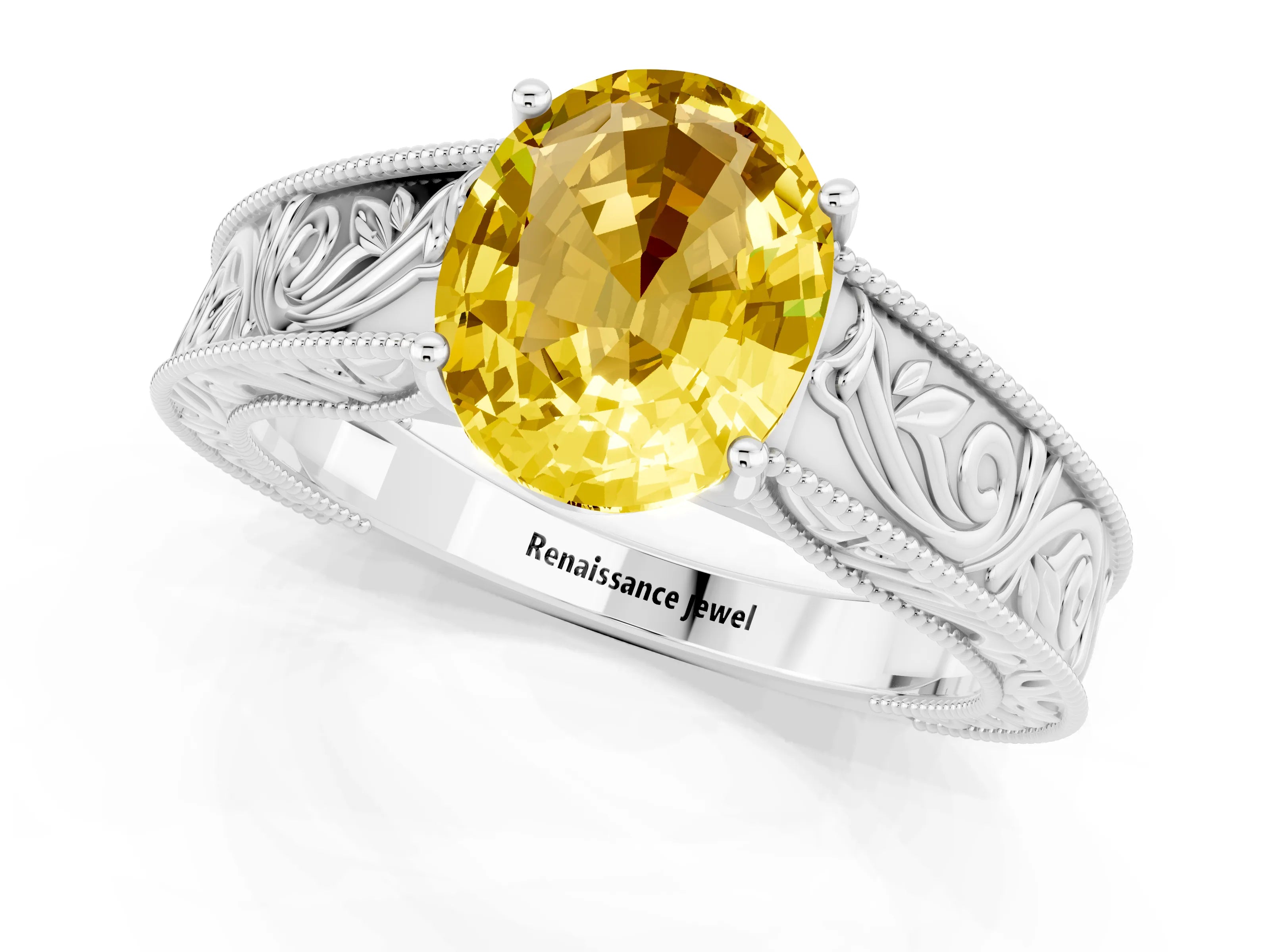 White gold Oval Cut Yellow Sapphire Solitaire Ring with Engraved Band and Four-Prong Setting_1