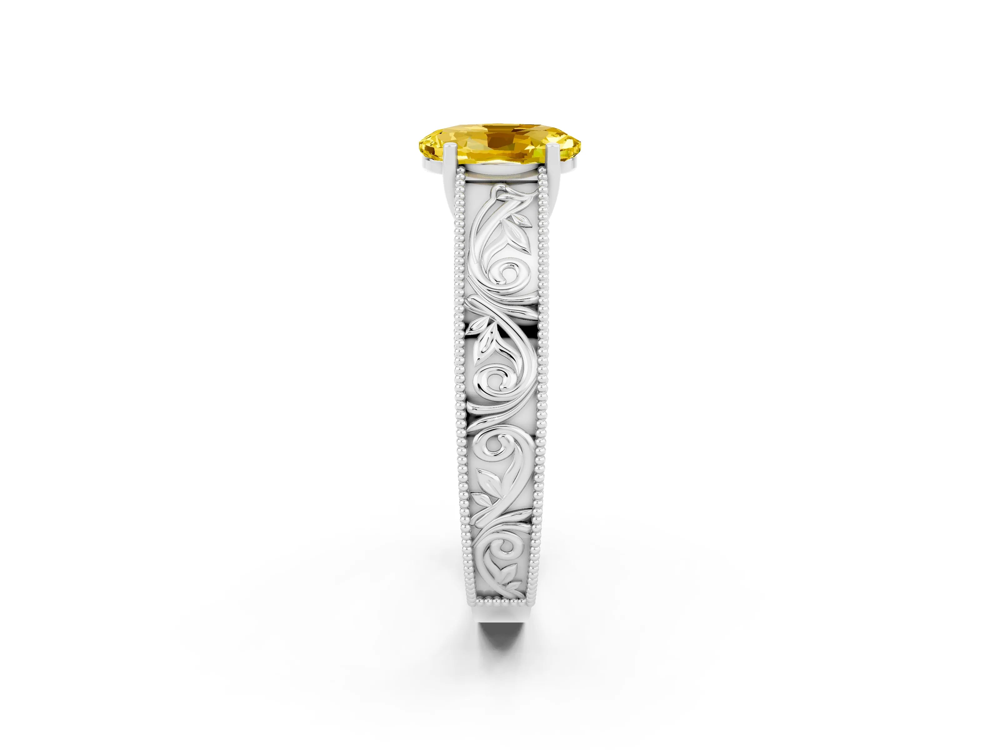 White gold Oval Cut Yellow Sapphire Solitaire Ring with Engraved Band and Four-Prong Setting_2