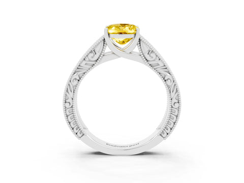 White gold Oval Cut Yellow Sapphire Solitaire Ring with Engraved Band and Four-Prong Setting_3