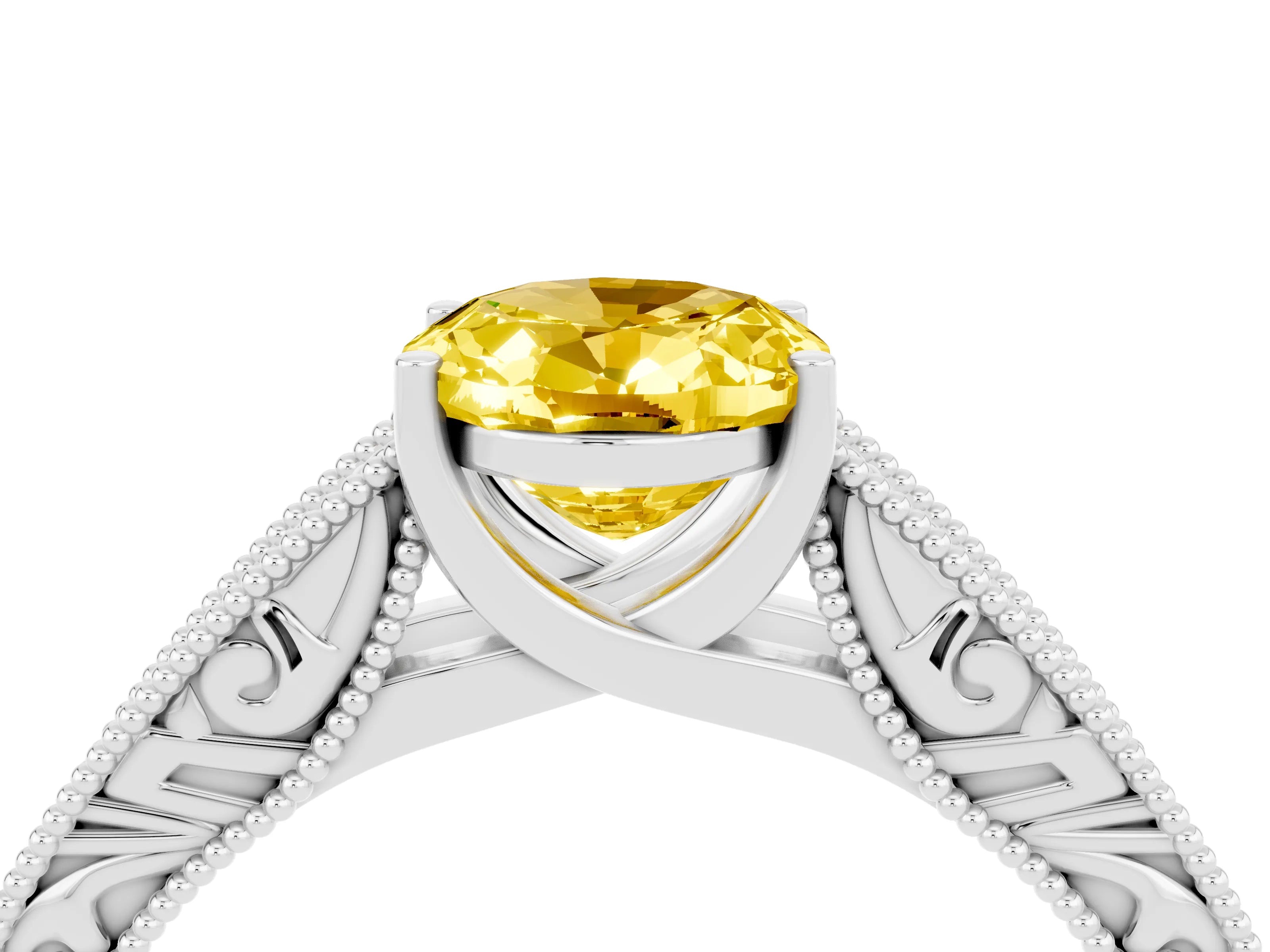White gold Oval Cut Yellow Sapphire Solitaire Ring with Engraved Band and Four-Prong Setting_4