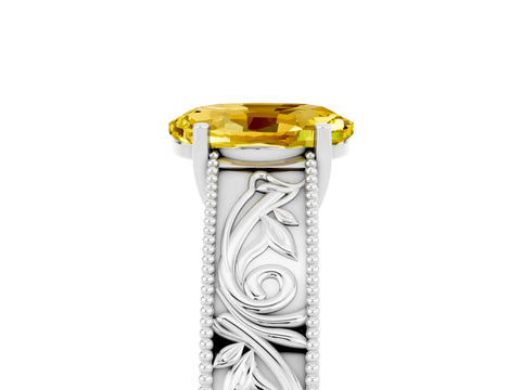 White gold Oval Cut Yellow Sapphire Solitaire Ring with Engraved Band and Four-Prong Setting_5