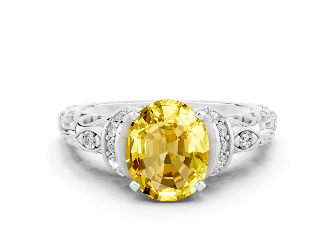 White gold Oval Cut Yellow Sapphire Solitaire Ring with Filigree Band and Four-Prong Setting_48