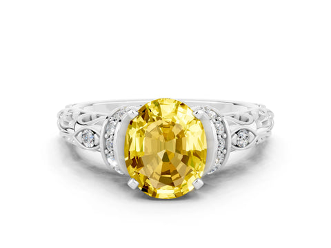 White gold Oval Cut Yellow Sapphire Solitaire Ring with Filigree Band and Four-Prong Setting_48