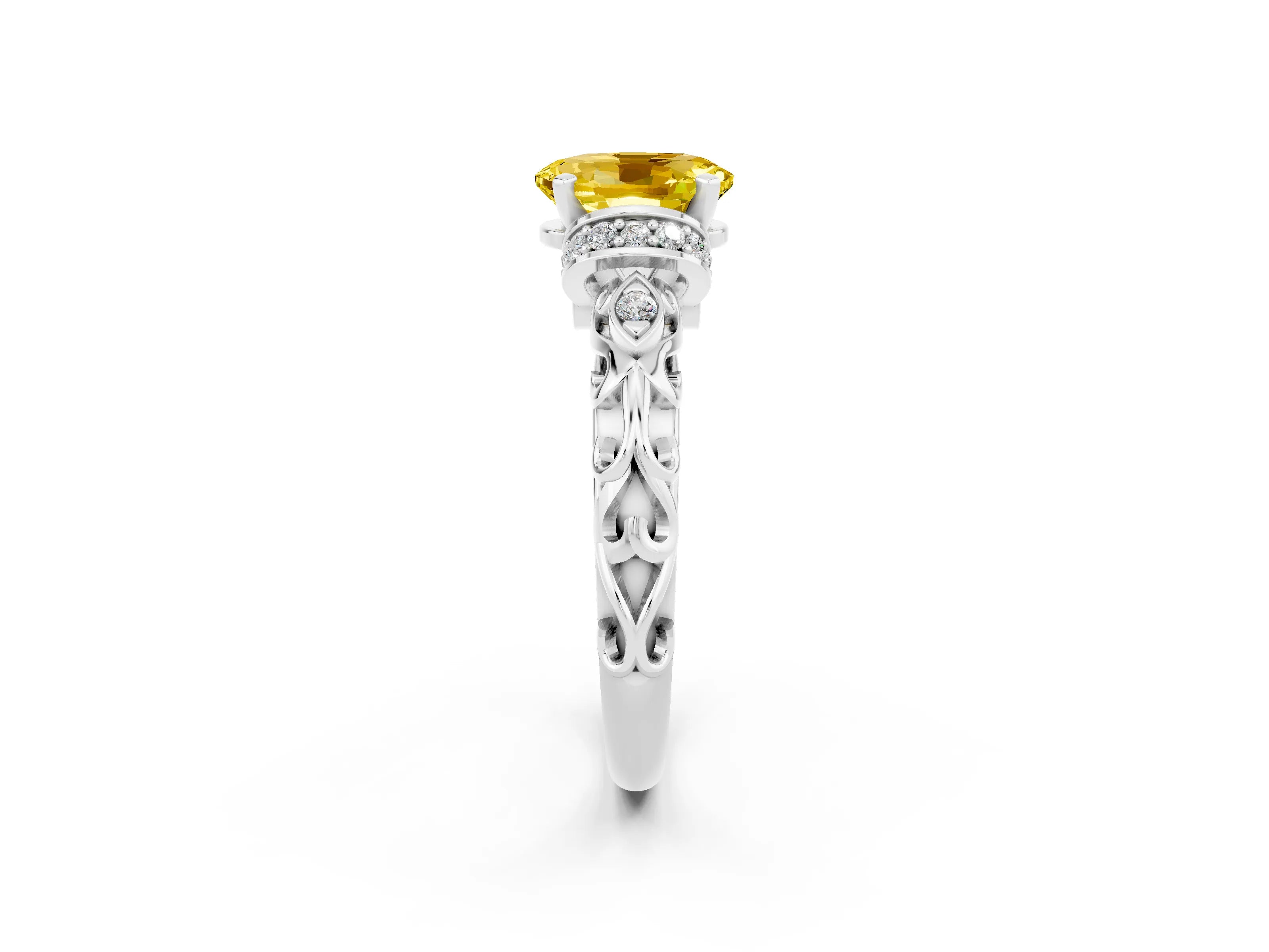 White gold Oval Cut Yellow Sapphire Solitaire Ring with Filigree Band and Four-Prong Setting_50