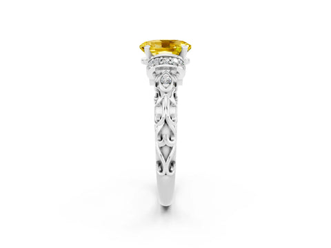 White gold Oval Cut Yellow Sapphire Solitaire Ring with Filigree Band and Four-Prong Setting_50