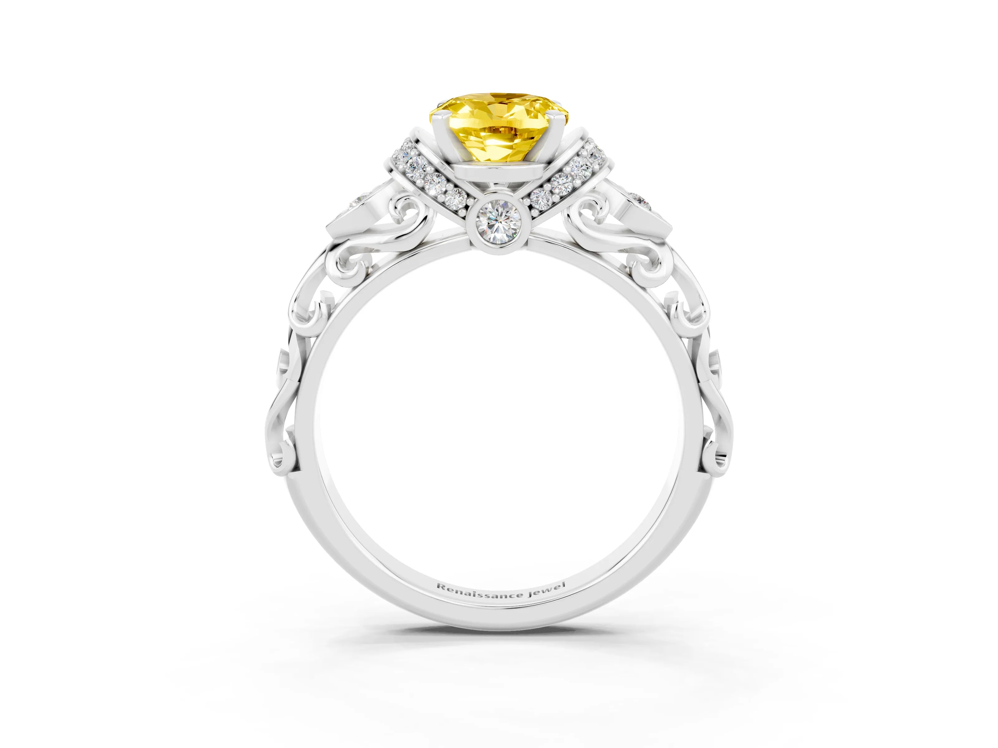 White gold Oval Cut Yellow Sapphire Solitaire Ring with Filigree Band and Four-Prong Setting_51