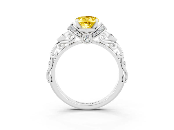 Platinum Oval Cut Yellow Sapphire Solitaire Ring with Filigree Band and Four-Prong Setting