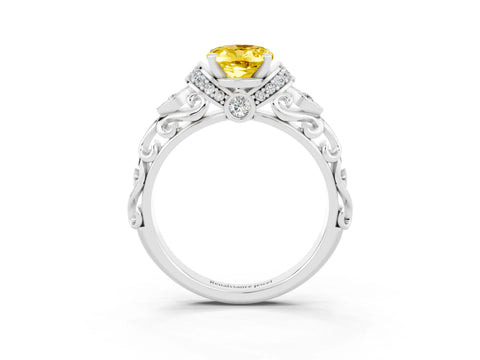 White gold Oval Cut Yellow Sapphire Solitaire Ring with Filigree Band and Four-Prong Setting_51
