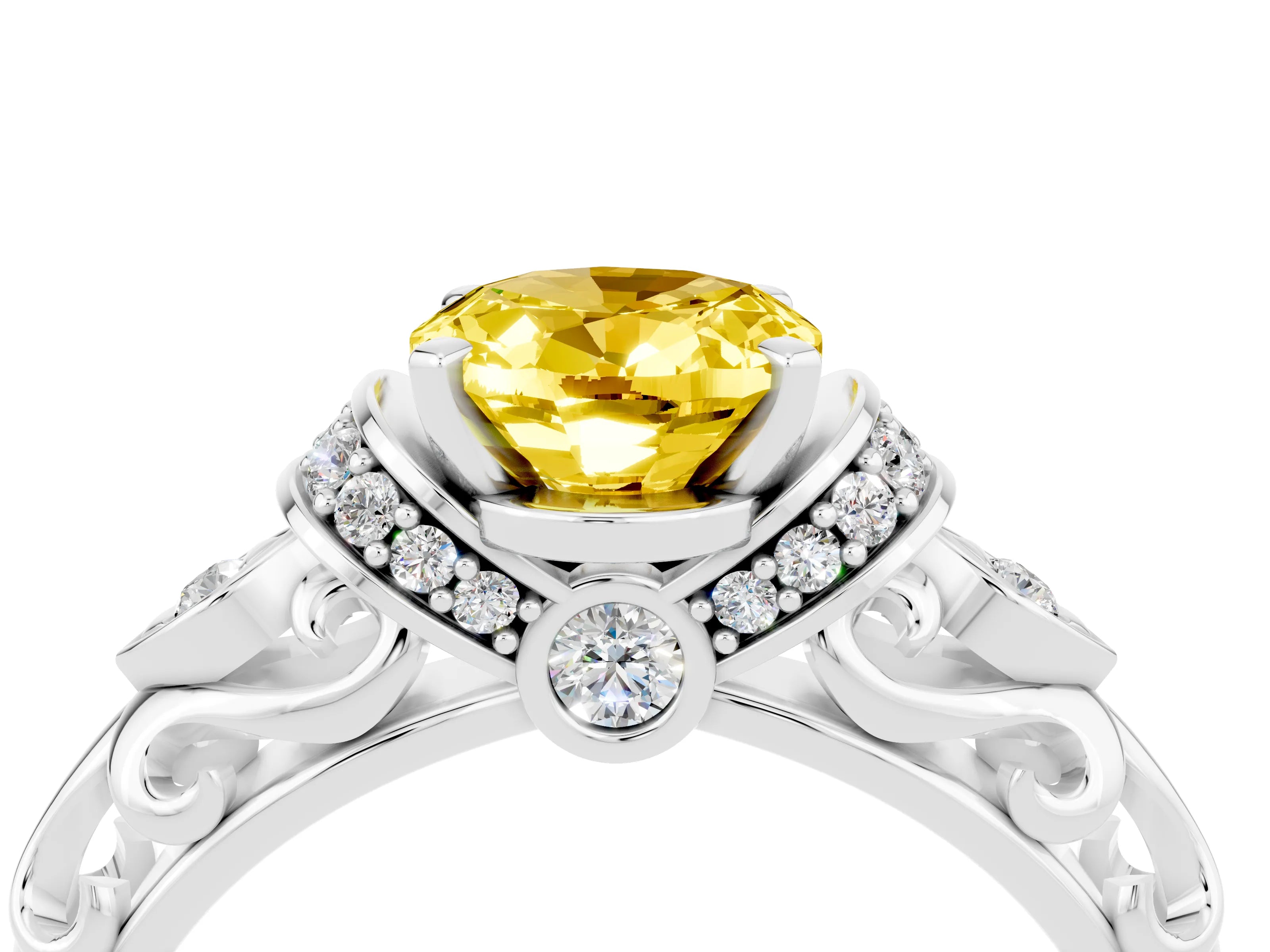 White gold Oval Cut Yellow Sapphire Solitaire Ring with Filigree Band and Four-Prong Setting_52