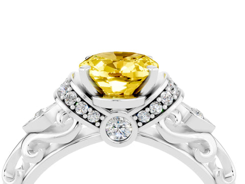 White gold Oval Cut Yellow Sapphire Solitaire Ring with Filigree Band and Four-Prong Setting_52