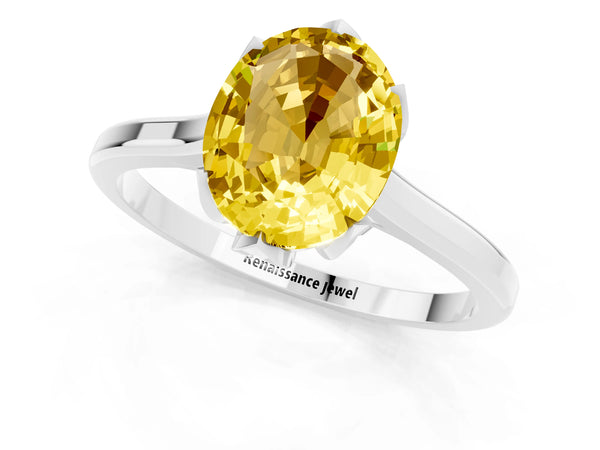 White gold Oval Cut Yellow Sapphire Solitaire Ring with Flower Prong Setting and Classic Band