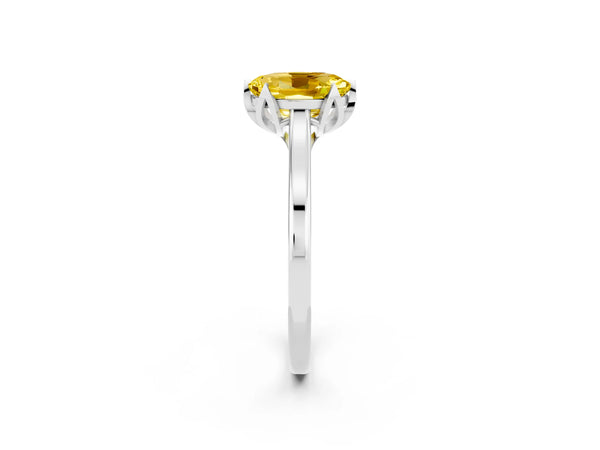 Platinum Oval Cut Yellow Sapphire Solitaire Ring with Flower Prong Setting and Classic Band
