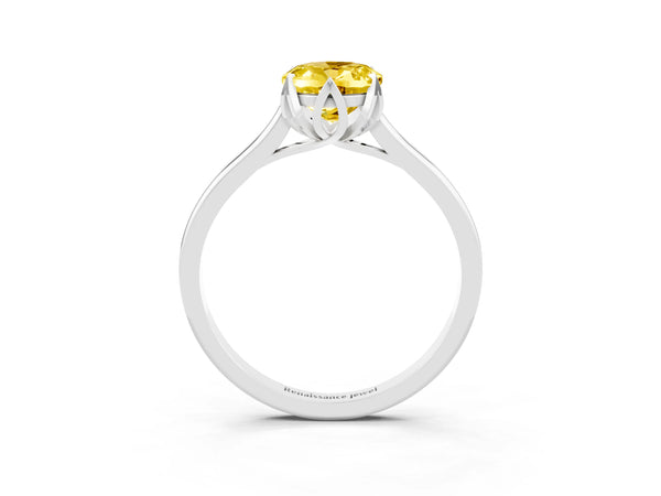 White gold Oval Cut Yellow Sapphire Solitaire Ring with Flower Prong Setting and Classic Band