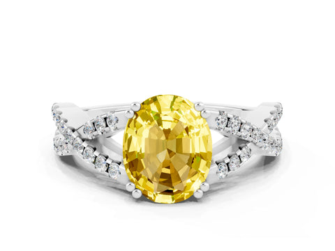 White gold Oval Cut Yellow Sapphire Solitaire Ring with Four-Prong Setting and Twisted Pavé Band_12