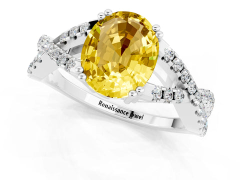 White gold Oval Cut Yellow Sapphire Solitaire Ring with Four-Prong Setting and Twisted Pavé Band_13