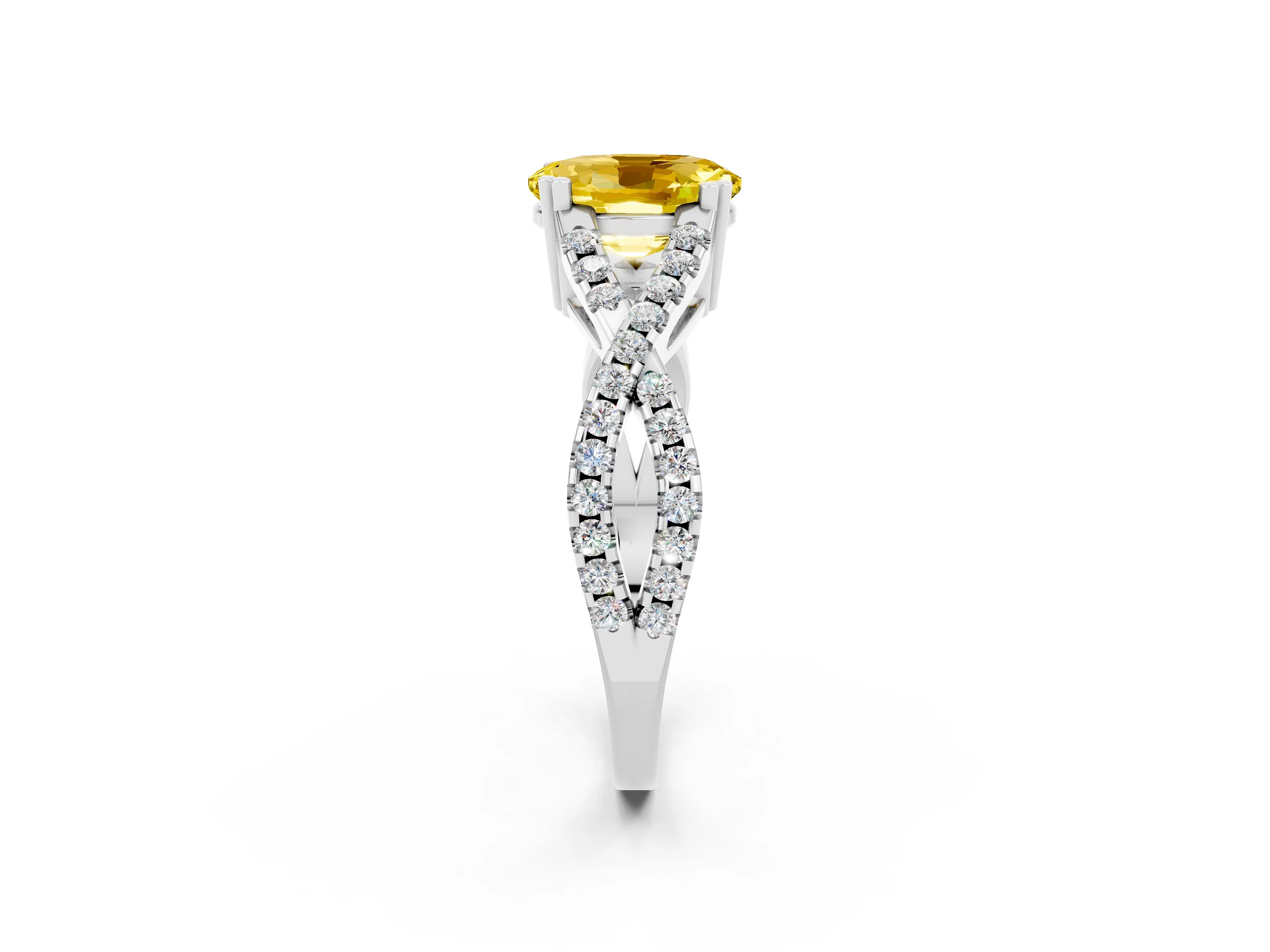 White gold Oval Cut Yellow Sapphire Solitaire Ring with Four-Prong Setting and Twisted Pavé Band_14