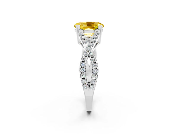 Silver Oval Cut Yellow Sapphire Solitaire Ring with Four-Prong Setting and Twisted Pavé Band