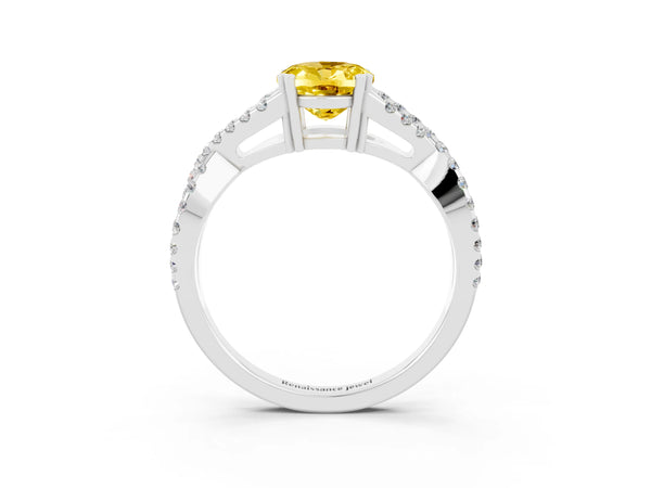 Platinum Oval Cut Yellow Sapphire Solitaire Ring with Four-Prong Setting and Twisted Pavé Band