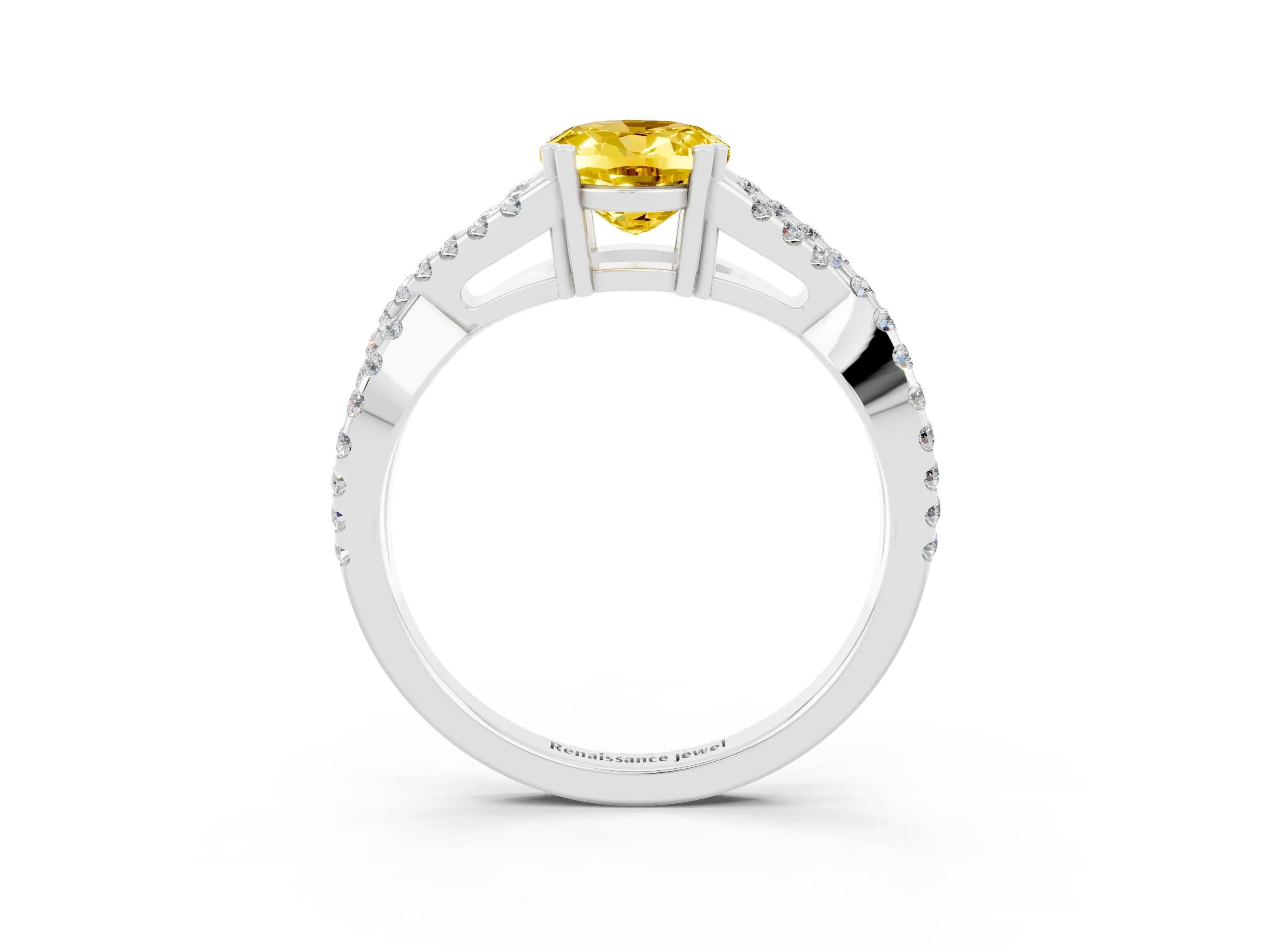 White gold Oval Cut Yellow Sapphire Solitaire Ring with Four-Prong Setting and Twisted Pavé Band_15
