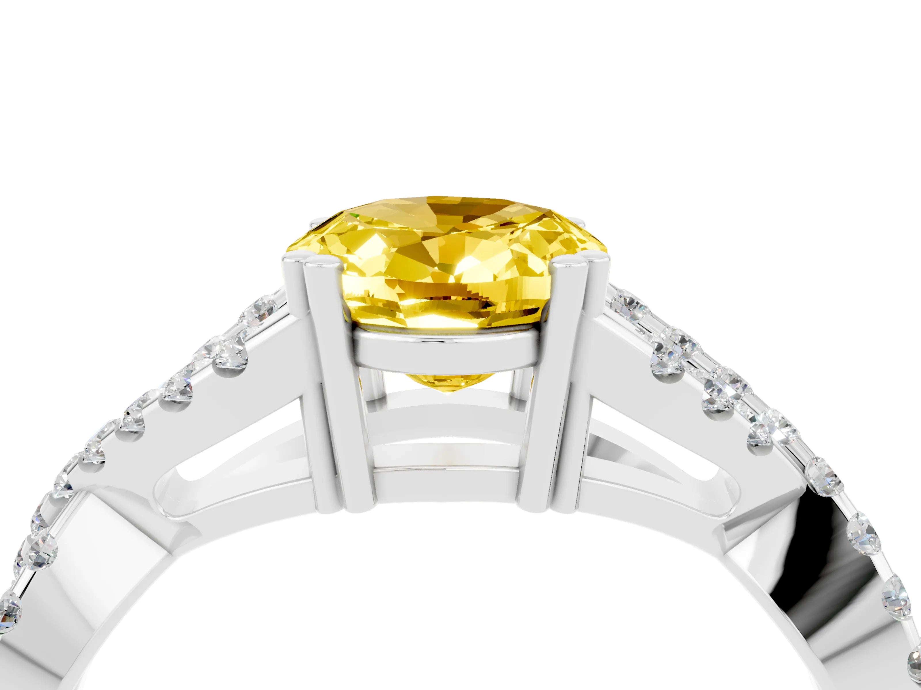 White gold Oval Cut Yellow Sapphire Solitaire Ring with Four-Prong Setting and Twisted Pavé Band_16
