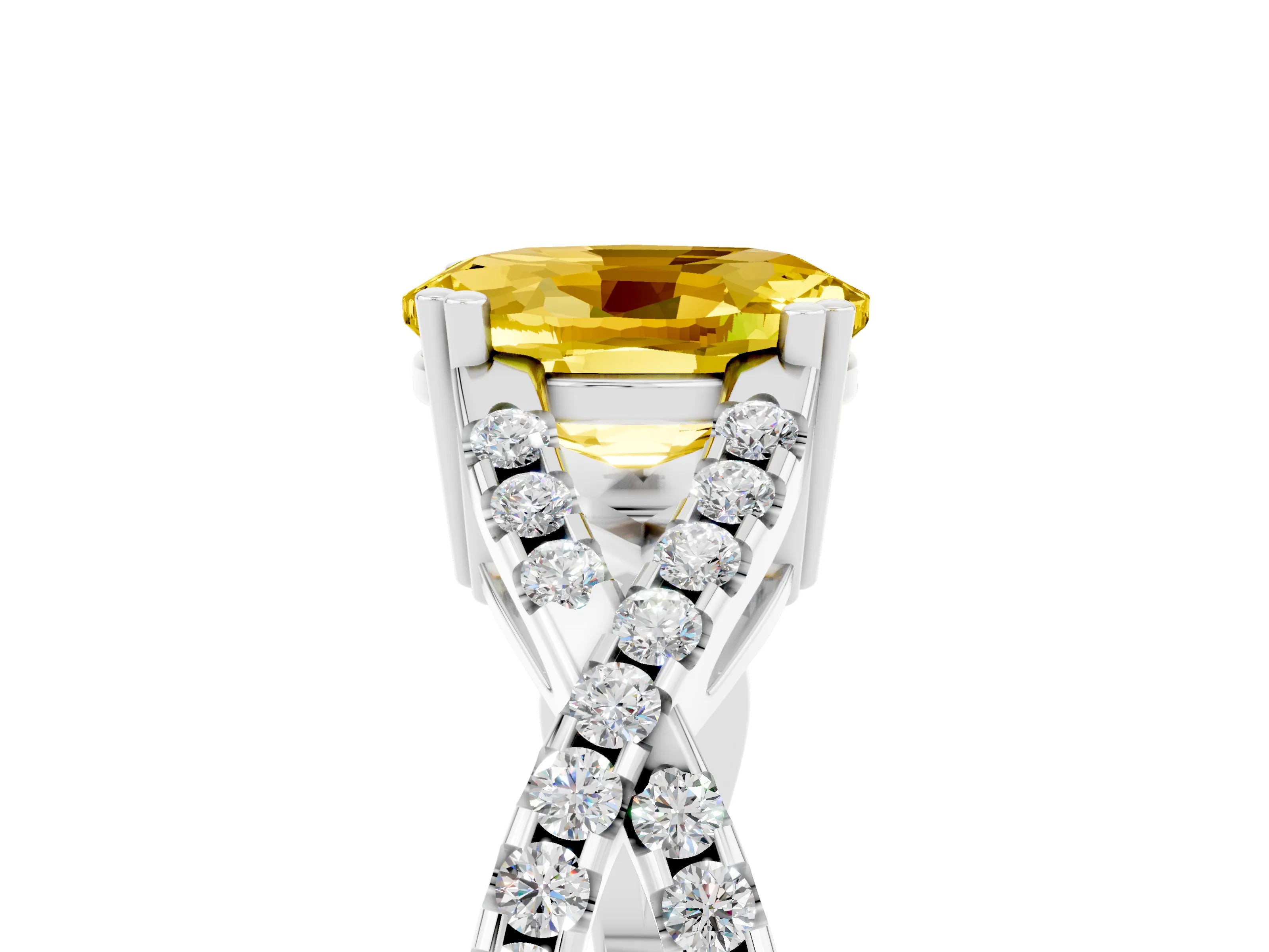 White gold Oval Cut Yellow Sapphire Solitaire Ring with Four-Prong Setting and Twisted Pavé Band_17