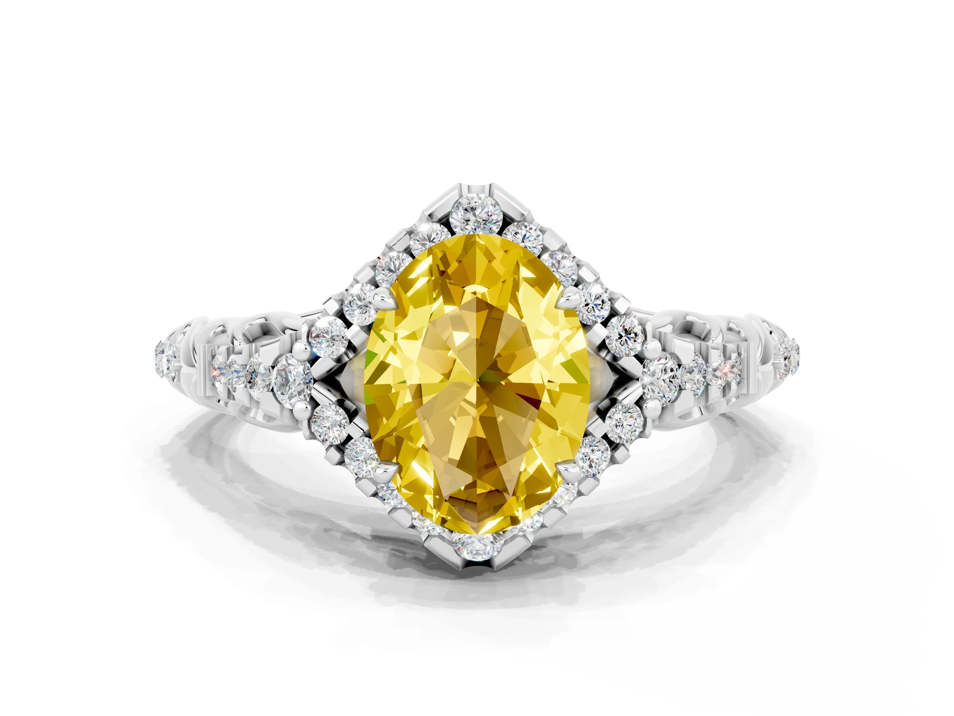 White gold Oval Cut Yellow Sapphire Solitaire Ring with Hidden Halo and Pavé Band_12