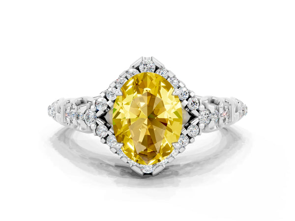 Silver Oval Cut Yellow Sapphire Solitaire Ring with Hidden Halo and Pavé Band