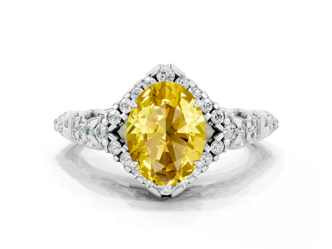 White gold Oval Cut Yellow Sapphire Solitaire Ring with Hidden Halo and Pavé Band_12