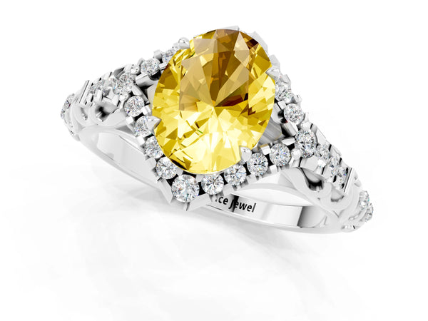 Platinum Oval Cut Yellow Sapphire Solitaire Ring with Hidden Halo and Pavé Band