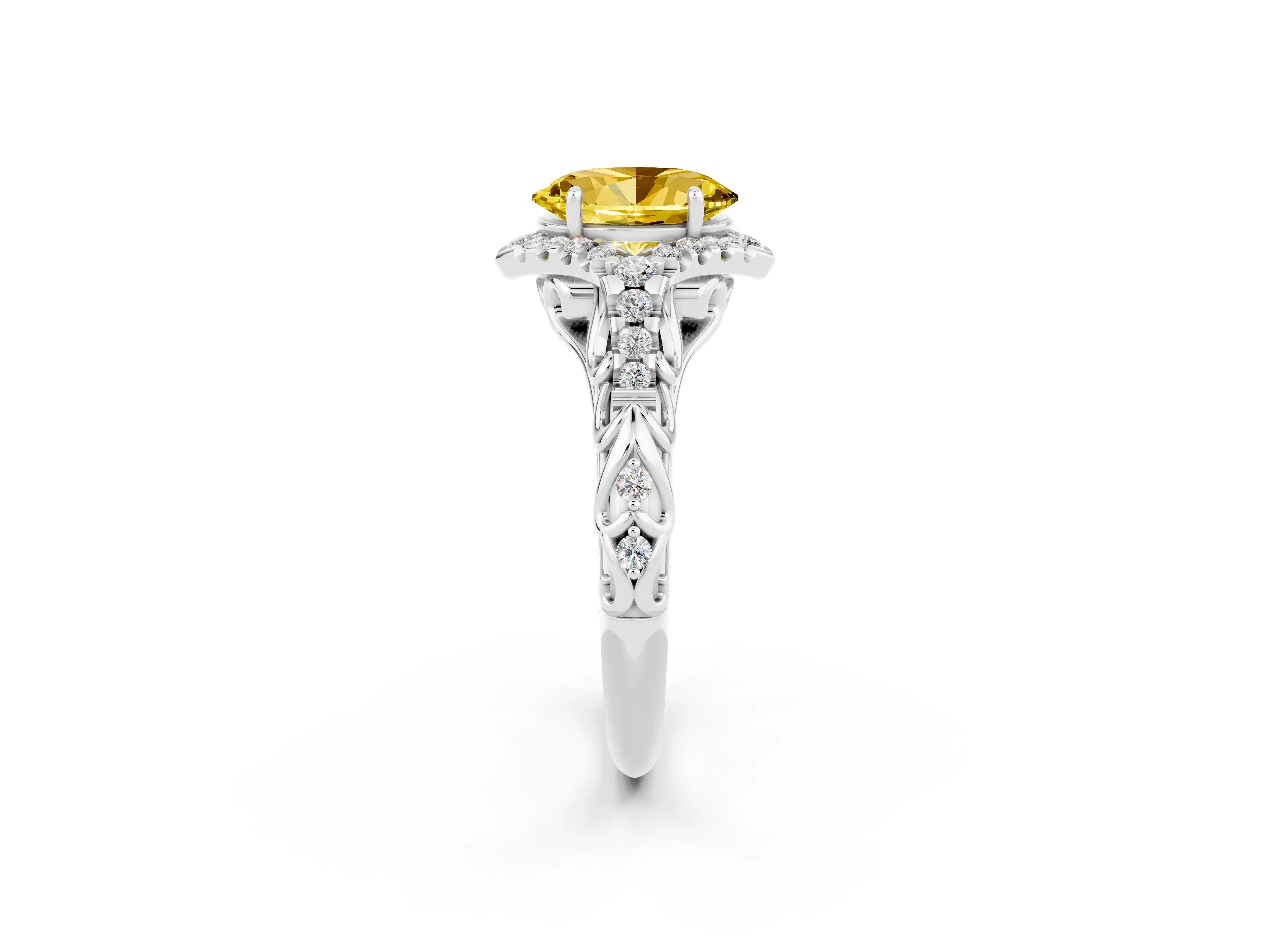 White gold Oval Cut Yellow Sapphire Solitaire Ring with Hidden Halo and Pavé Band_14