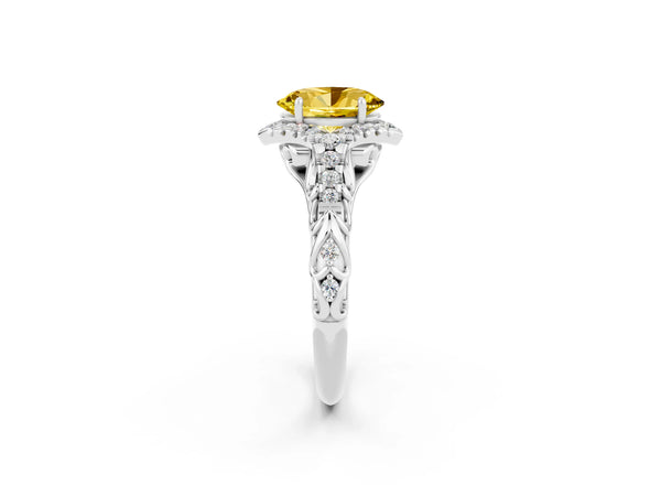 Platinum Oval Cut Yellow Sapphire Solitaire Ring with Hidden Halo and Pavé Band