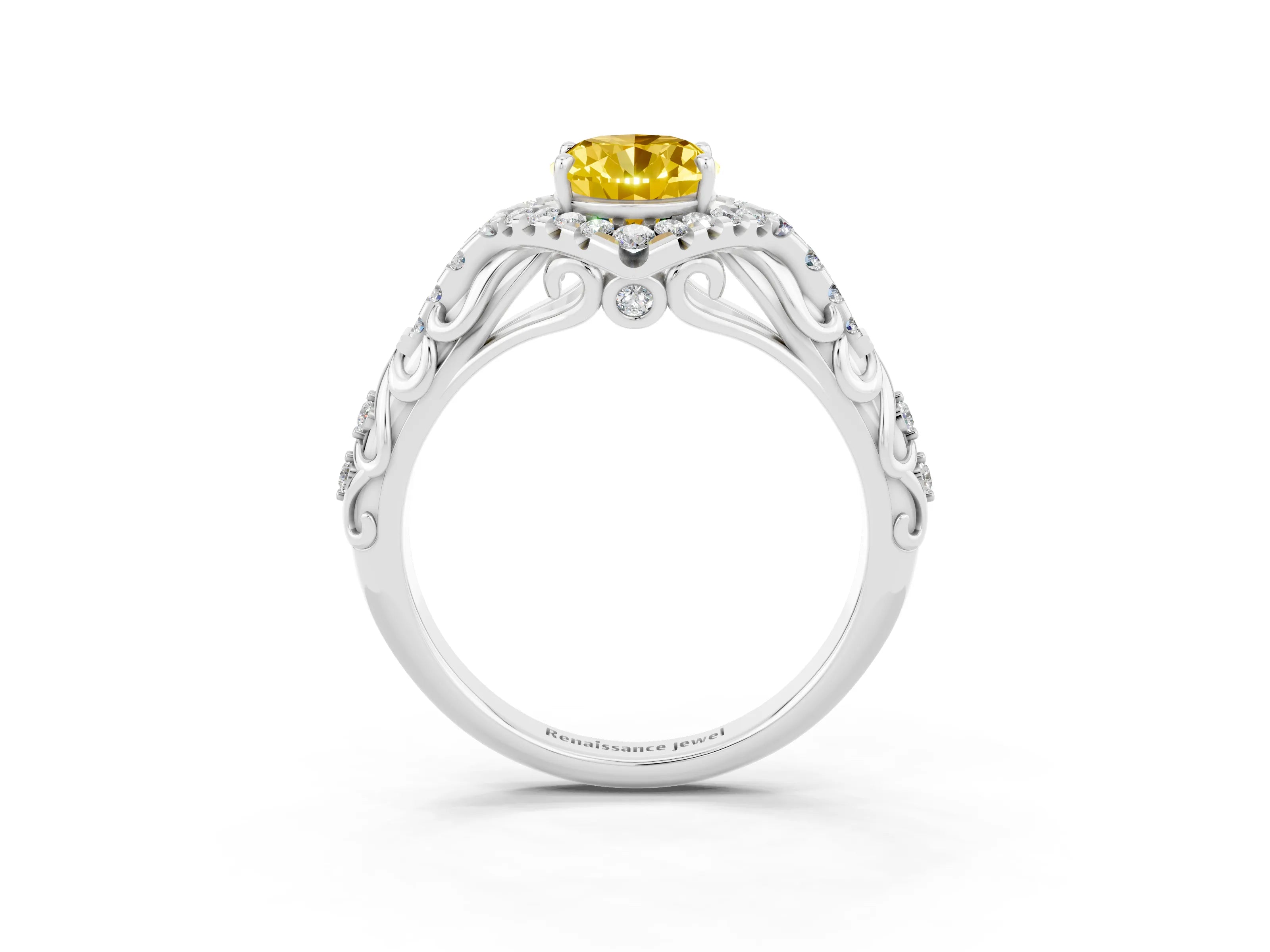 White gold Oval Cut Yellow Sapphire Solitaire Ring with Hidden Halo and Pavé Band_15