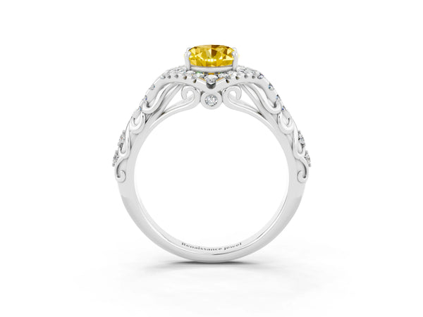 White gold Oval Cut Yellow Sapphire Solitaire Ring with Hidden Halo and Pavé Band