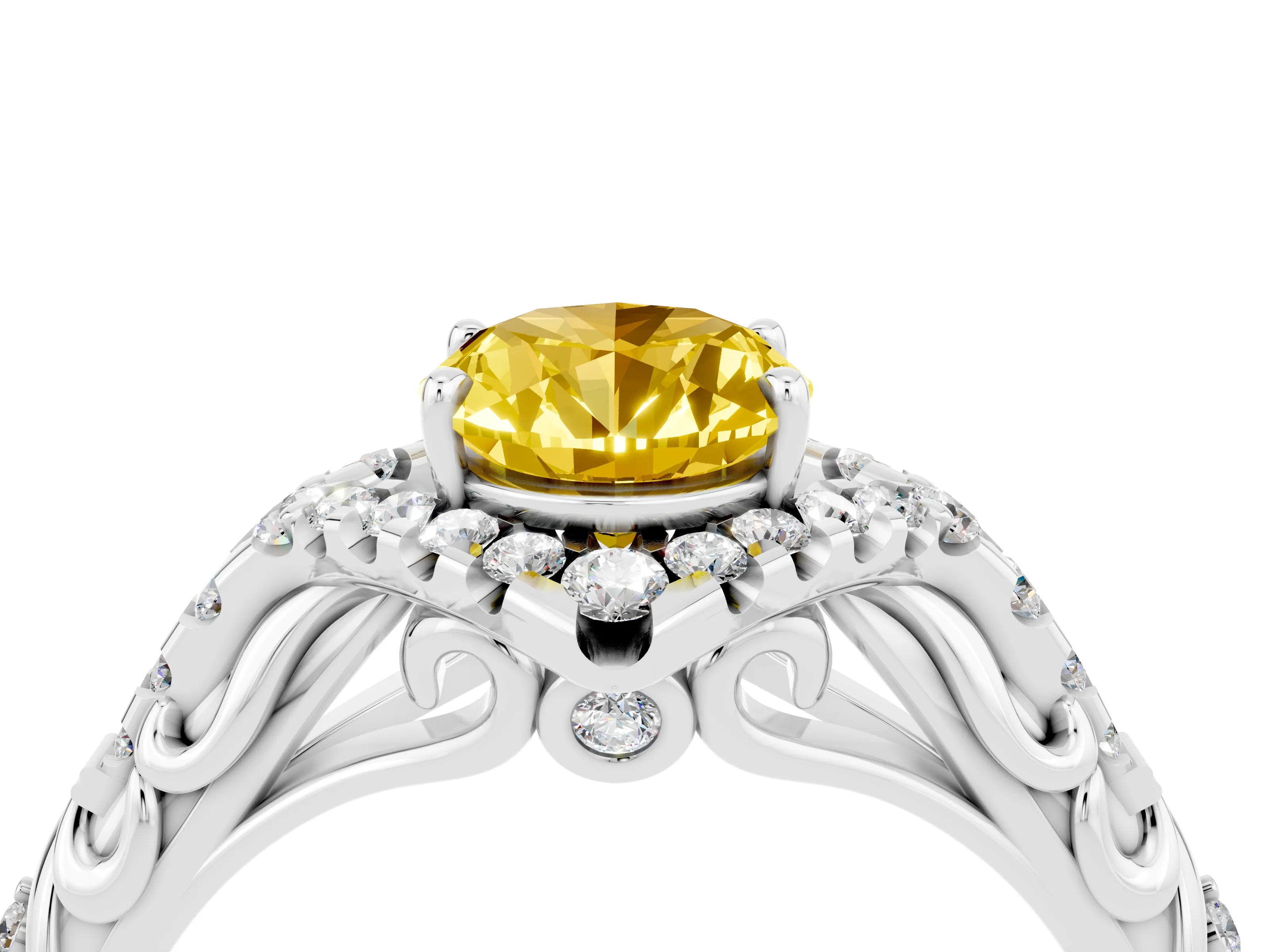 White gold Oval Cut Yellow Sapphire Solitaire Ring with Hidden Halo and Pavé Band_16