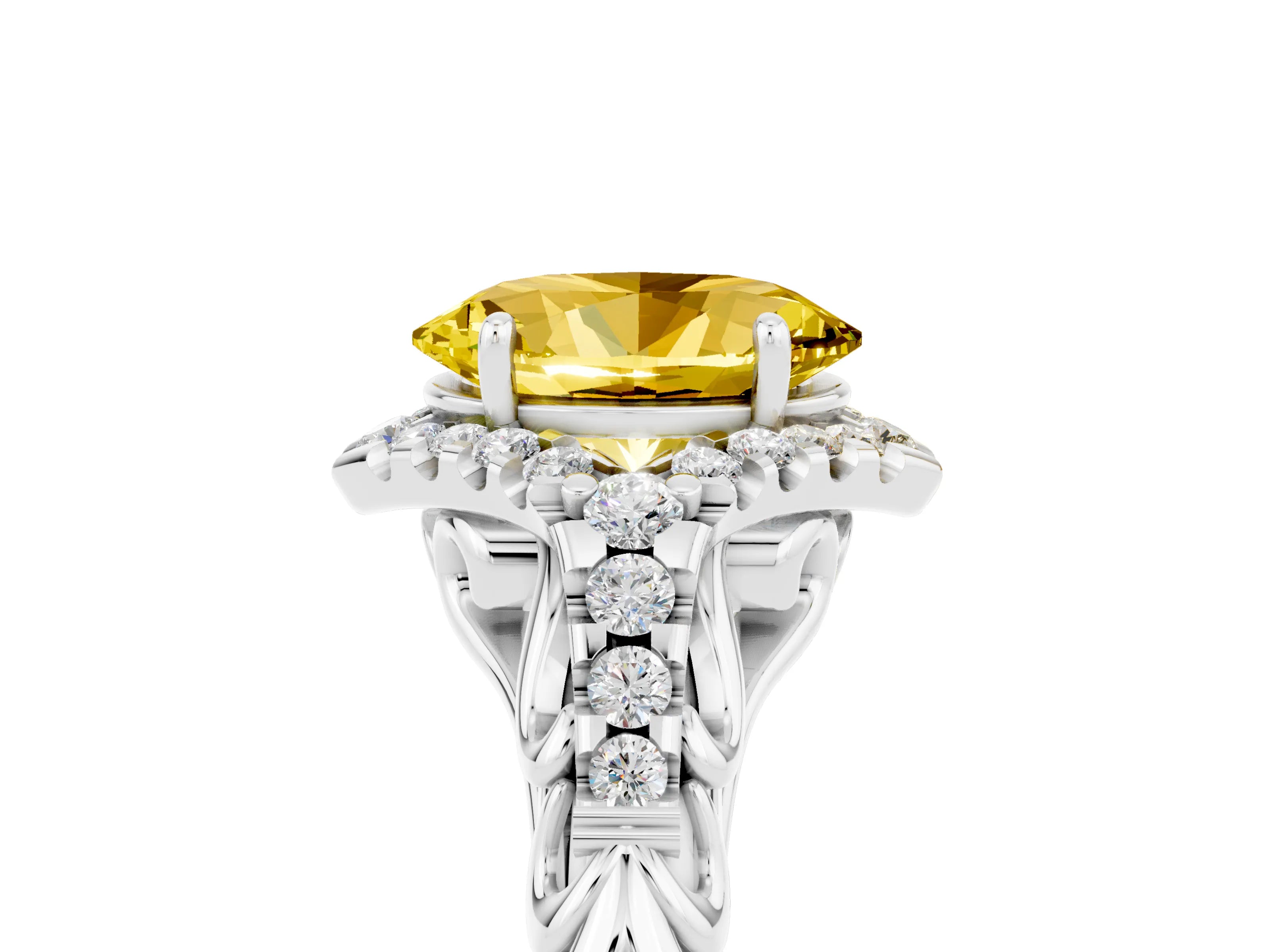 White gold Oval Cut Yellow Sapphire Solitaire Ring with Hidden Halo and Pavé Band_17