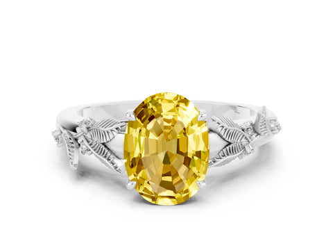 White gold Oval Cut Yellow Sapphire Solitaire Ring with Leaf Motif Band and Four-Prong Setting_12