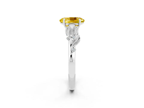 White gold Oval Cut Yellow Sapphire Solitaire Ring with Leaf Motif Band and Four-Prong Setting_14