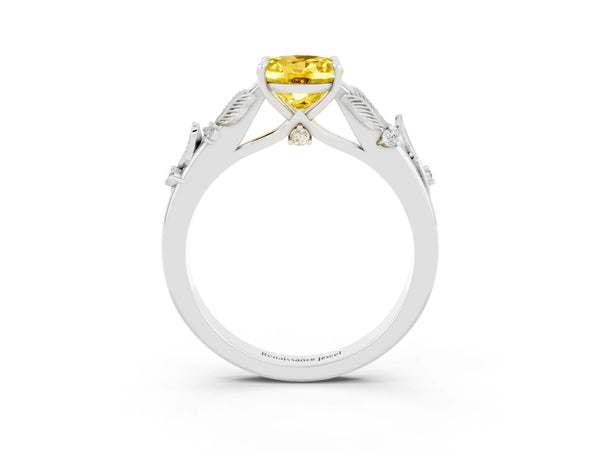 White gold Oval Cut Yellow Sapphire Solitaire Ring with Leaf Motif Band and Four-Prong Setting