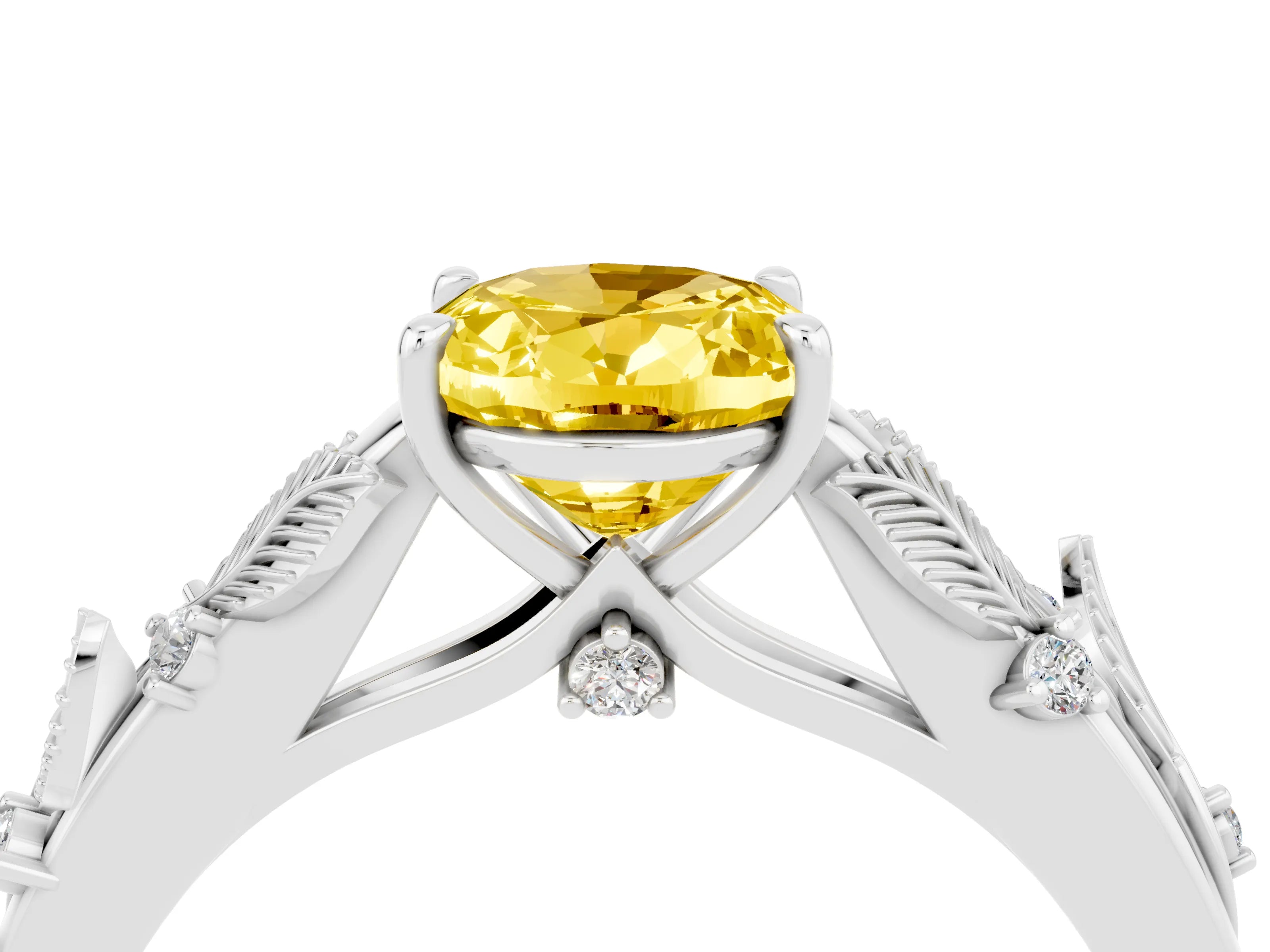 White gold Oval Cut Yellow Sapphire Solitaire Ring with Leaf Motif Band and Four-Prong Setting_16