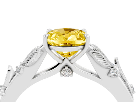 White gold Oval Cut Yellow Sapphire Solitaire Ring with Leaf Motif Band and Four-Prong Setting_16
