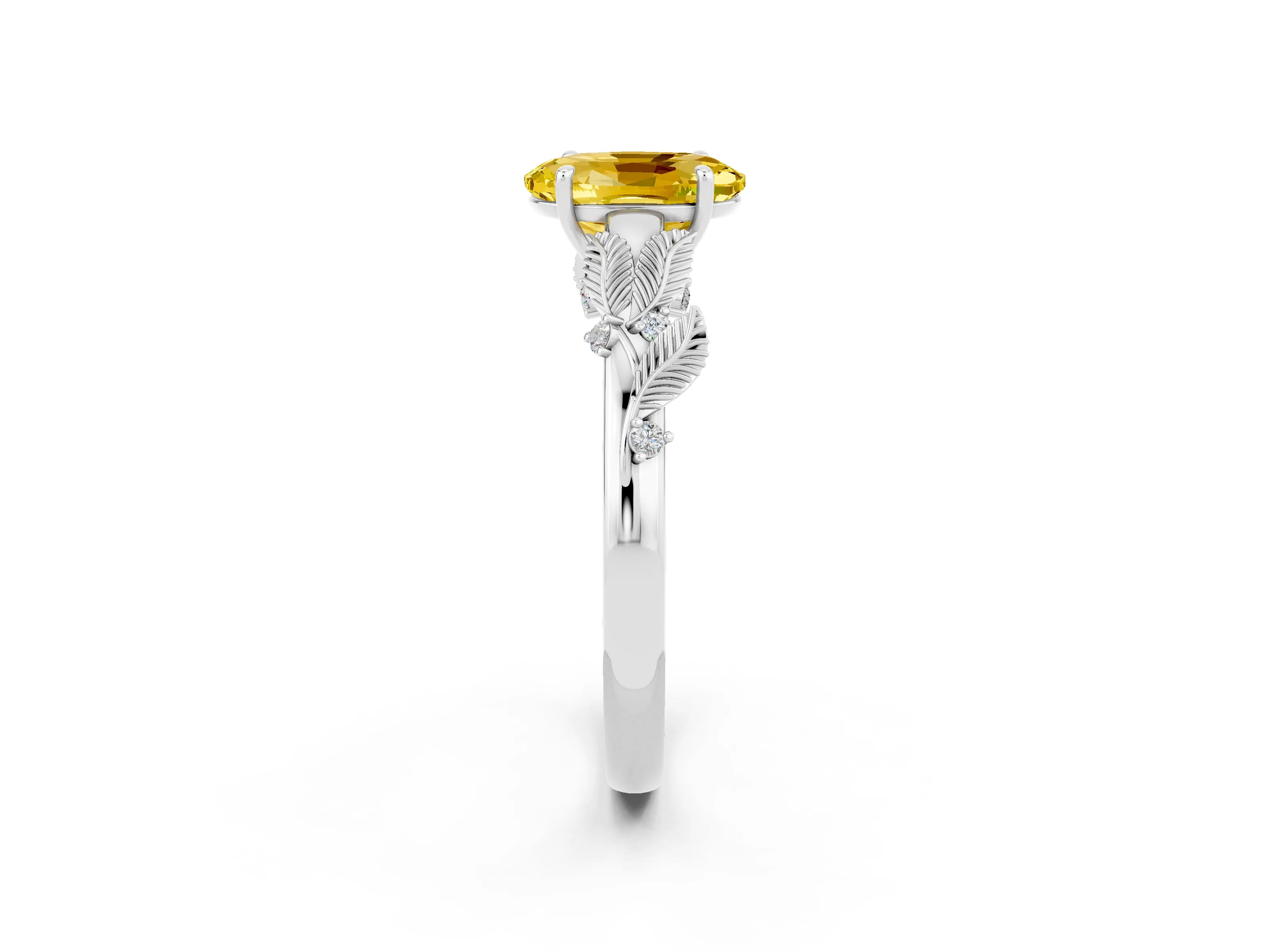 White gold Oval Cut Yellow Sapphire Solitaire Ring with Leaf Motif Band and Four-Prong Setting_2