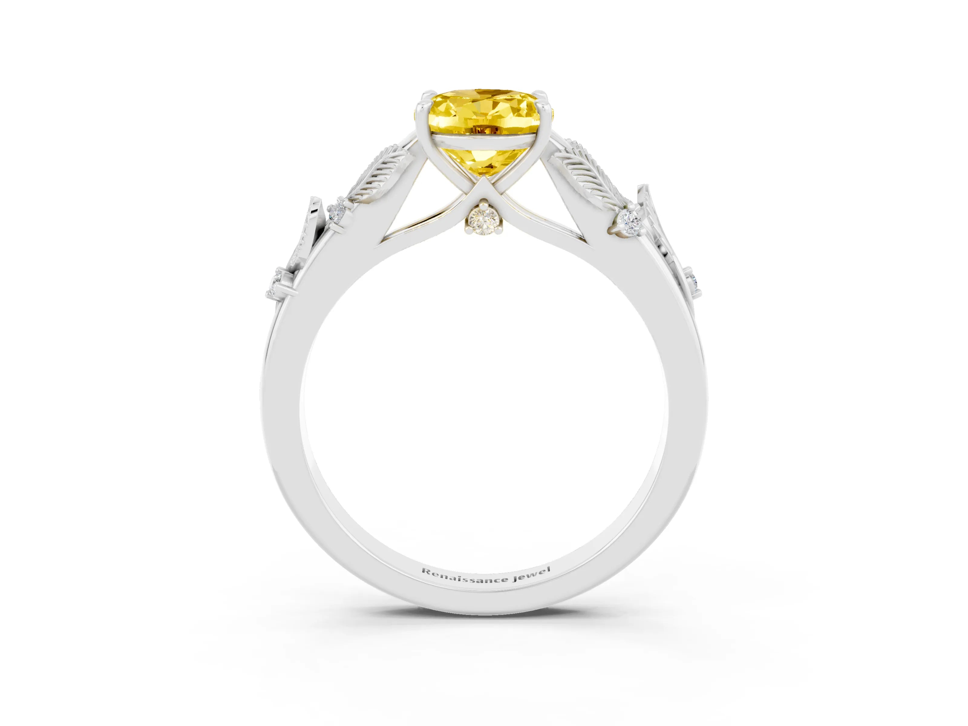 White gold Oval Cut Yellow Sapphire Solitaire Ring with Leaf Motif Band and Four-Prong Setting_3