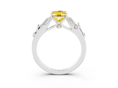 White gold Oval Cut Yellow Sapphire Solitaire Ring with Leaf Motif Band and Four-Prong Setting_3