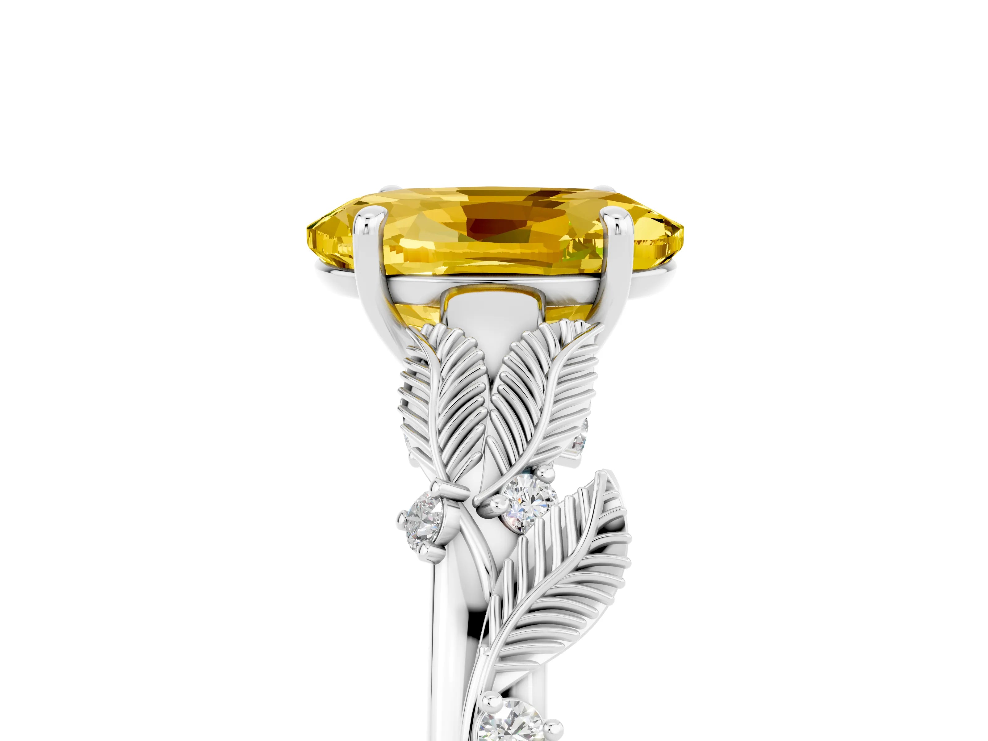White gold Oval Cut Yellow Sapphire Solitaire Ring with Leaf Motif Band and Four-Prong Setting_5