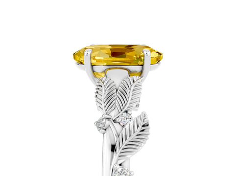 White gold Oval Cut Yellow Sapphire Solitaire Ring with Leaf Motif Band and Four-Prong Setting_5