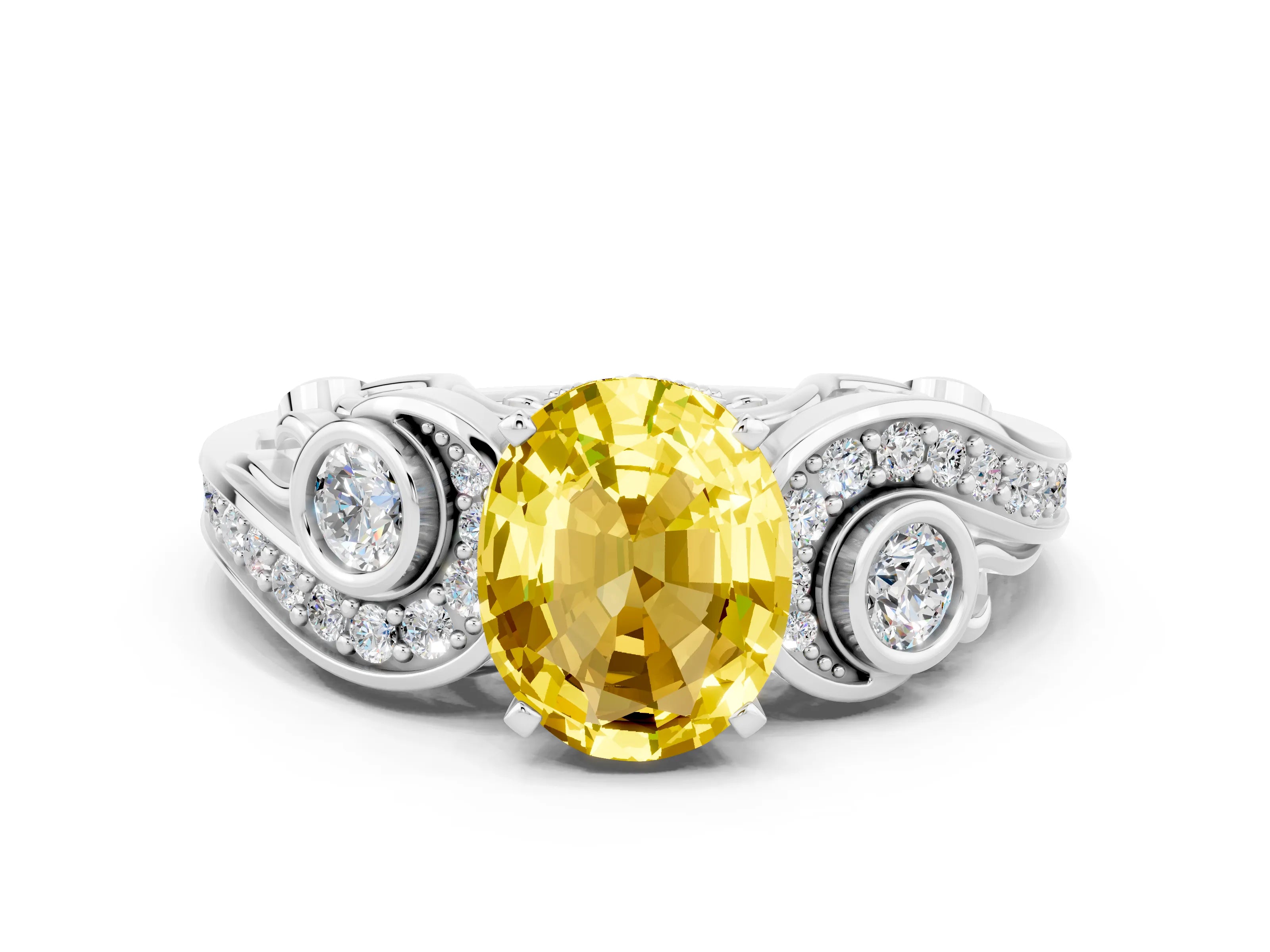 White gold Oval Cut Yellow Sapphire Solitaire Ring with Milgrain Pavé Band and Four-Prong Setting_12